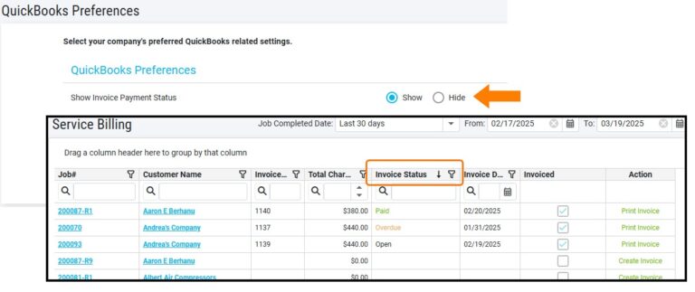 Show QuickBooks Invoice Payment Status