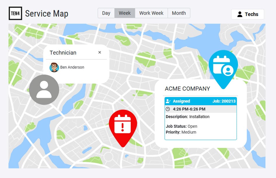 See technician and customer service locations using the TEN4 service map