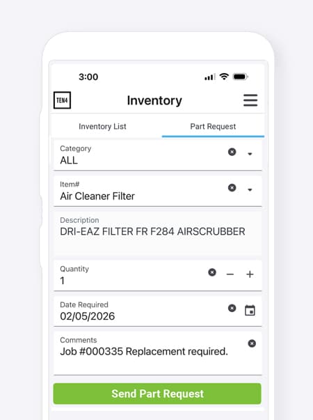 Technicians request inventory parts from the field