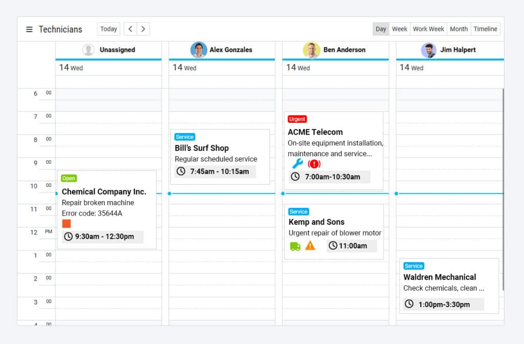 Technician Schedule shown to Managers in Scheduling software